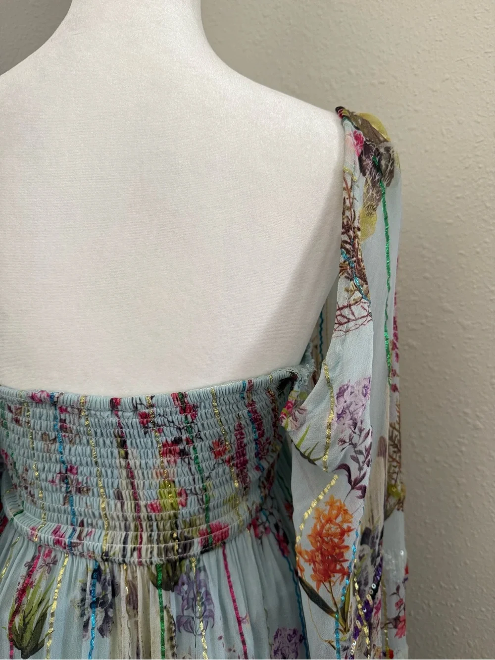 Anthropologie Hemant & Nandita Floral Sequin Off Shoulder Mini Dress XS Boho
